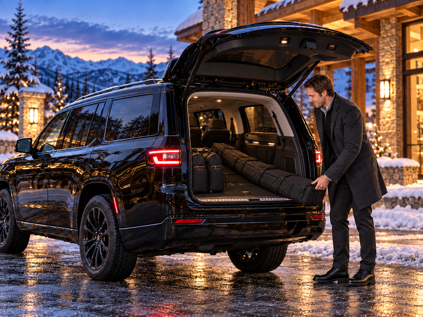 Ski bag and boot bags loaded into the Grand Wagoneer L