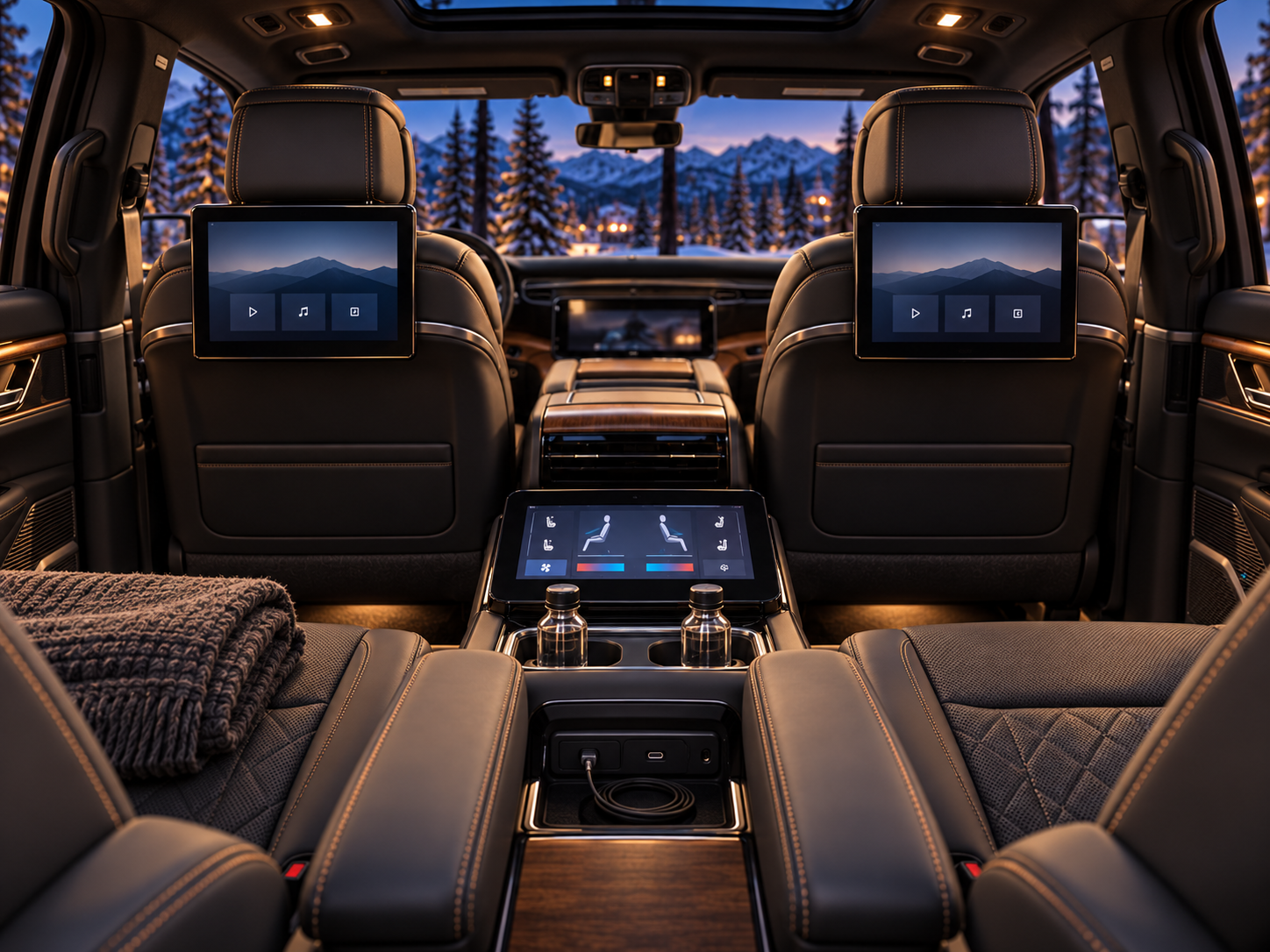 Rear entertainment screens, comfort controls, water and charging amenities
